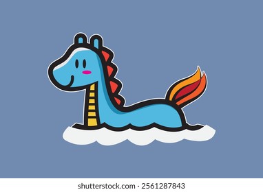 Cartoon dragon icon illustration featuring a fun and colorful design and summer sea themed elements.