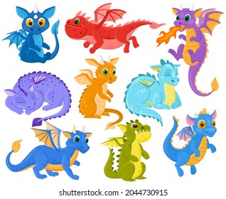 Cartoon dragon kids fantasy cute creature mascots. Funny dragon babies, medieval legends and fairytales dino characters vector illustration set. Fantasy dragon monsters mythology imagination