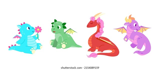 Cartoon dragon kids fantasy cute creature mascots. Funny dragon babies, medieval legends and fairytales dino characters set. Fantasy monsters mythology imagination. Vector illustration