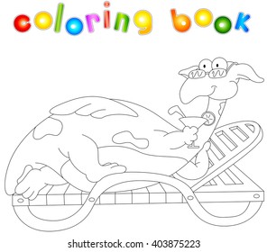 Cartoon dragon lying on a lounger and drinking a cocktail. Coloring book for kids isolated on white