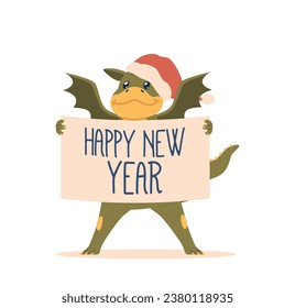 Cartoon Dragon with Mischievous Grin, Symbol of 2024 Holding Happy New Year Banner, Embodies Playful Charm