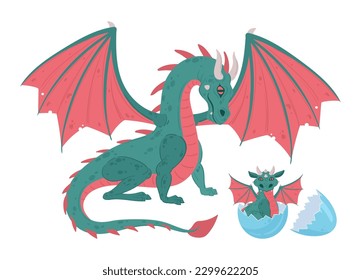 Cartoon dragon mom with cute baby. Winged medieval mother dragon and newborn dragon child flat vector illustration