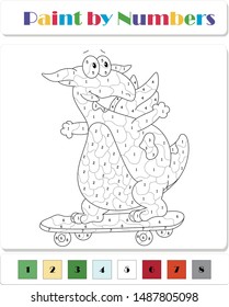 Cartoon dragon rides a skateboard. Color by number educational game for kids. Illustration for schoolchild and preschool