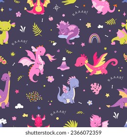 Cartoon dragon seamless pattern. Cute dragons and rainbow childish fabric print. Mythology animal characters, funny flat nowaday vector template