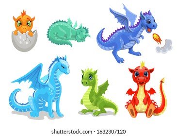 Cartoon dragon set. Fairy cute dragonfly icons collection. Baby fire dragon or dinosaur cute characters isolated vector. Fairytale monsters.