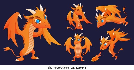 Cartoon dragon set. Fairy cute dragon fly collection. Baby fire dragon or dinosaur cute characters isolated vector.