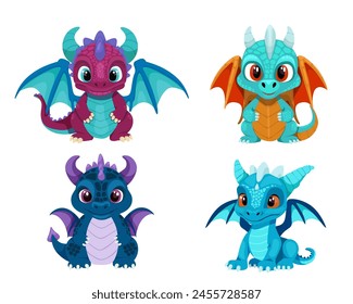 Cartoon dragon set. Fairy cute dragonfly icons collection. Baby fire dragon or dinosaur cute characters. Fairytale monsters.