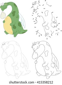 Cartoon dragon with a sick stomach. Dot to dot educational game for kids