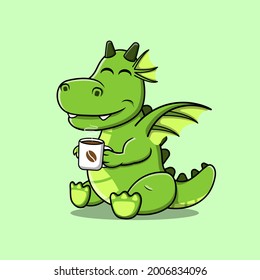 Cartoon dragon sitting. Little Dragon illustration vector holding coffee mug isolated on a green background. Good for a mascot, emoticons, sticker.