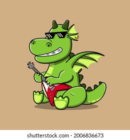 Cartoon dragon sitting. Little Dragon illustration vector playing guitar with sunglasses. Good for a mascot, emoticons, sticker.