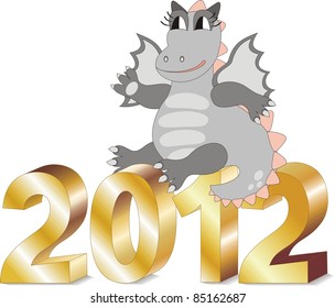 Cartoon dragon sitting on gold letters 2012 in vector