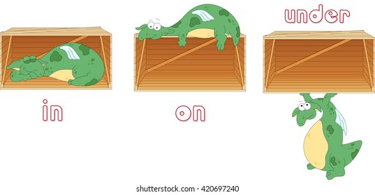 Cartoon dragon sleeps in a box, lies on a box and stands under a box. English grammar in pictures for students, pupils and preschoolers