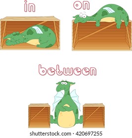 Cartoon dragon sleeps in a box, lies on a box and stands between two boxes. English grammar in pictures for students, pupils and preschoolers