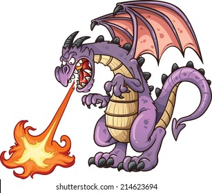 Cartoon dragon spitting fire. Vector clip art illustration with simple gradients. All in a single layer. 