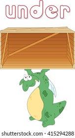 Cartoon dragon stands under a box. English grammar in pictures for students, pupils and preschoolers