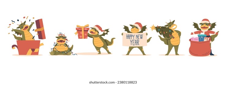 Cartoon Dragon Symbol of 2024 New Year. Funny Mascot in Santa Hat Wrapped with Garland, Holding Bag with Gifts