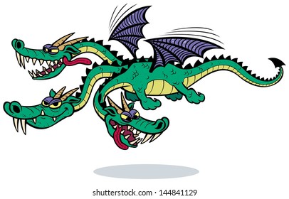 Cartoon Dragon: Cartoon three-headed dragon over white background. No transparency and gradients used.