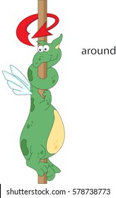 Cartoon dragon twists around the pole. English grammar in pictures. Prepositions of Movement 