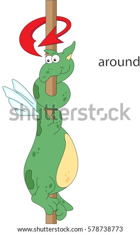 Cartoon dragon twists around the pole. English grammar in pictures. Prepositions of Movement 