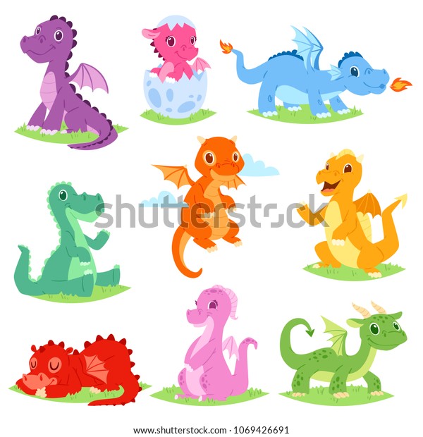 白い背景に子どものおとぎ話から取り出した アニメのドラゴンベクターかわいいトラゴンまたは恐竜の赤ちゃんイラストセット のベクター画像素材 ロイヤリティフリー