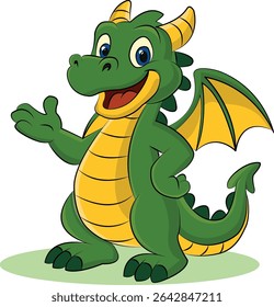 Dragão de desenhos animados acenando com um sorriso amigável - lindo dragão de bebê verde com asas, perfeito para desenhos infantis, temas de fantasia, arte infantil, t-shirts, jogos e ilustrações de criaturas mágicas.