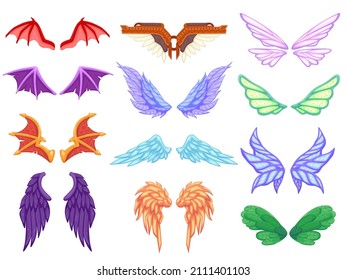Cartoon dragon wings. Angel devil dragon bat fairy tail mythical monster pegasus unicorn fantasy animal wing collection, fly winged creature set icon vector illustration. Devil angel and dragon wings