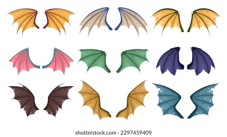 Cartoon dragon wings. Fantasy dragon flying wings, fairy reptile animal wings flat vector illustration set. Flying dragons pair of wings