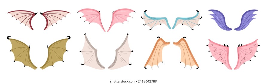 Cartoon dragon wings. Webbed parts of mythical animals. Fairy tale flying creatures elements. Fantasy reptiles. Vampire bat fly. Carnival costume. Halloween evil monster