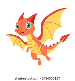 A cartoon dragon with a yellow and orange body and red wings. The dragon is smiling and has green eyes