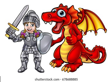 A cartoon dragon and young knight girl character in her suit of armour holding a sword and shield