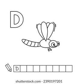 Cartoon dragonfly coloring pages. Learning game for small children - write a word in English language. Vector alphabet for kids