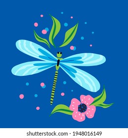 Cartoon dragonfly. Doodle bright colorful hand drawn insect with leaves and flowers, flying adder pink and blue colors modern decor element, vector isolated illustration contemporary print or poster