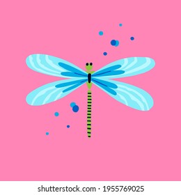 Cartoon dragonfly. Doodle bright colorful hand drawn insect with leaves and flowers, flying adder pink and blue colors modern decor element, vector isolated illustration contemporary print or poster