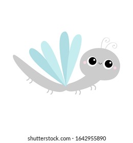 Cartoon dragonfly icon. Cute kawaii funny baby character. Blue wings dragon fly Insect collection. Smiling face, horns. Kids clip art. White background. Isolated. Flat design. Vector illustration