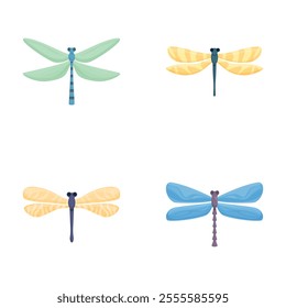 Cartoon dragonfly icons set cartoon vector. Beautiful colorful dragonfly. Nature, insect