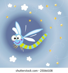  dibujos animados libélula por la noche, papel tapiz vectorial para los niños
