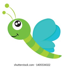 Cartoon dragonfly with pale green longitudinal stripes on its oval-shaped green body smiles while on flight flapping its blue wings., vector, color drawing or illustration. 