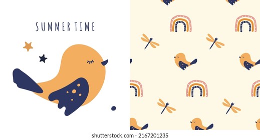 Cartoon dragonfly and snail with star seamless pattern for baby textile and decoration. Cute illustrations with butterfly and caracol for kids postcards