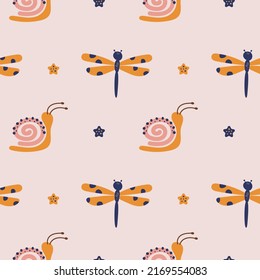 Cartoon dragonfly and snail with star seamless pattern for baby textile and decoration. Cute illustrations with butterfly and caracol for kids postcards