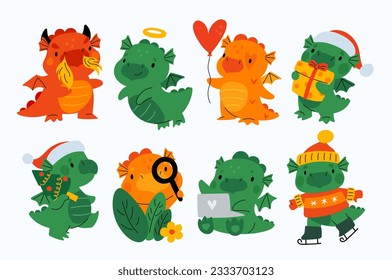 Cartoon dragons characters. Baby mythical animals. Cute New Year mascot. Dinos with gifts in sweaters or hats. Chinese horoscope symbol. Asian animal skiing or searching