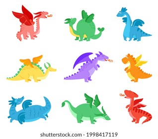 Cartoon dragons. Fairy tale dragon, funny reptile with wings. Cute flying monster. Colorful baby magic creature, fantasy dino decent vector characters