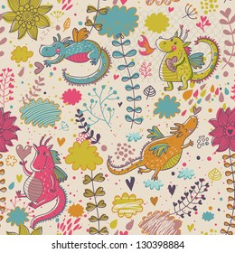 Cartoon dragons in flowers. Childish bright floral pattern in vector