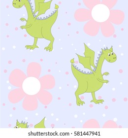 Cartoon dragons in flowers. Childish bright floral pattern in vector.