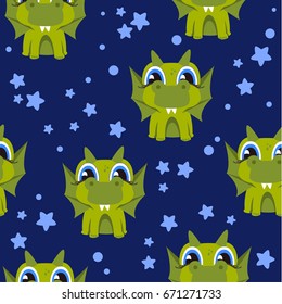 Cartoon dragons on a dark blue background and stars, seamless background for a children theme