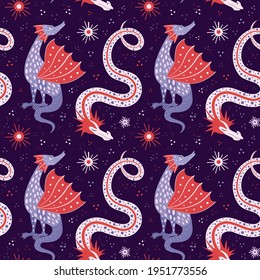 Cartoon dragons pattern with supernatural reptilian creatures from folk mythology. Legendary cryptid animals in seamless background for wallpapers, prints, textiles and fabric design. svg