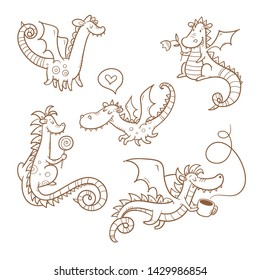 Cartoon dragons set. Cute animals. Vector contour image.