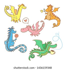 Cartoon dragons set. Cute animals. Vector contour colorful image.