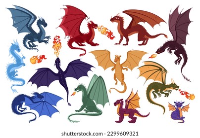 Los dragones de caricatura se ponen. Reptiles de fantasía volando, dragones de respiración de fuego mágico alado, ilustraciones vectoriales planas. Colección de monstruos de dragón de hadas