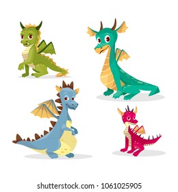 Cartoon dragons vector illustration for kid or children funny design. Flat isolated set of cute fairy monsters or colorful magic happy smiling baby dragons with wings, horns and pikes
