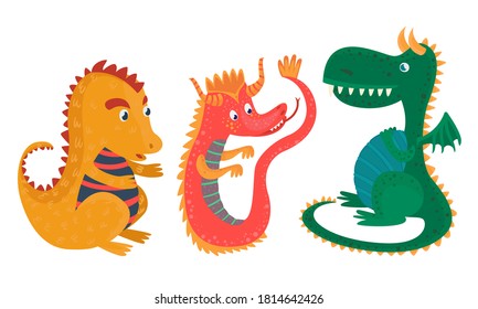 Cartoon Dragons with Wings, Pikes and Tails Vector Set